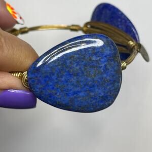 BOURBON & BOWETIES gold tone bracelet bangle blue polished stone signed jewelry